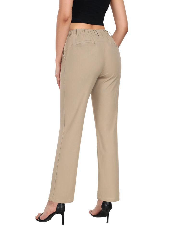 Women's Stretchy Straight Leg Dress Pants Business Casual Elastic Waist Cropped Work Pants with Pockets YZF-US-DK