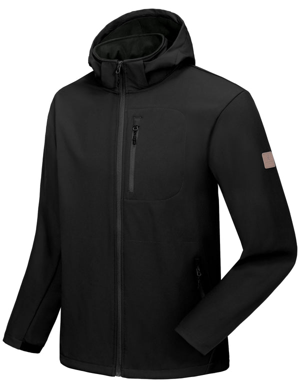 Men's Fleece Lined Softshell Jacket Water Repellent Coat with Removable Hood for Ski