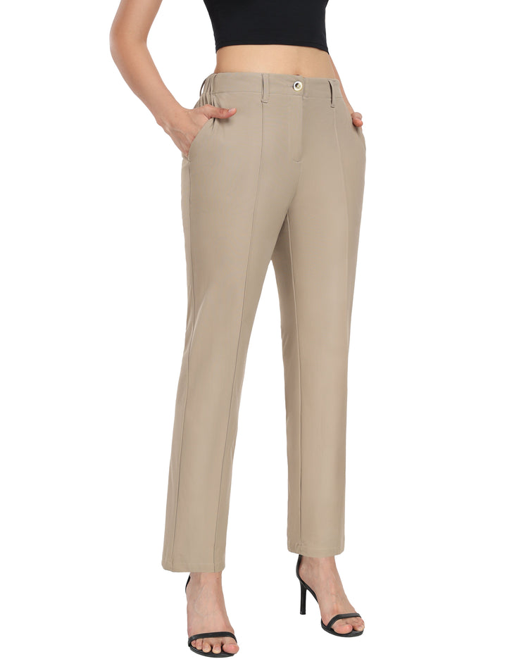 Women's Stretchy Straight Leg Dress Pants Business Casual Elastic Waist Cropped Work Pants with Pockets YZF-US-DK