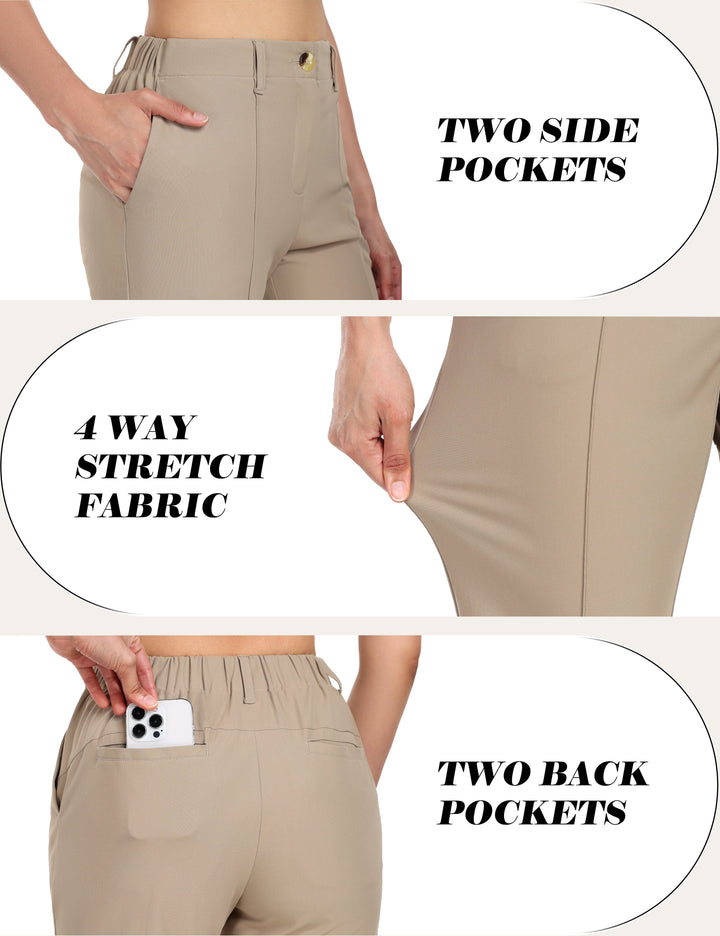 Women's Stretchy Straight Leg Dress Pants Business Casual Elastic Waist Cropped Work Pants with Pockets YZF-US-DK