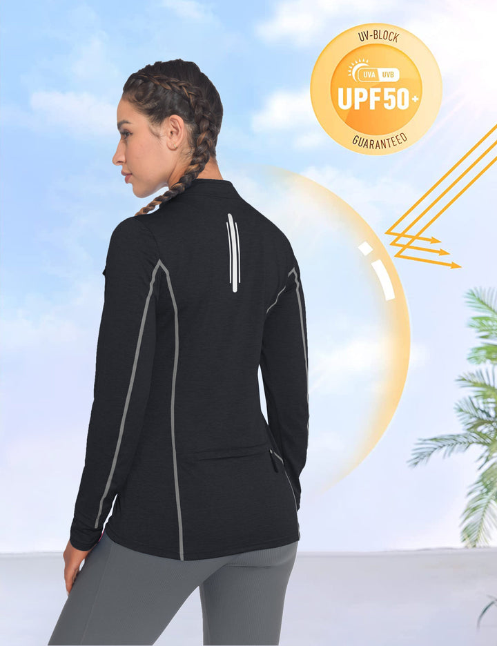 Women's Lightweight Quarter Zip Pullover, UPF 50 Long Sleeve Athletic Shirts MP-US-DK