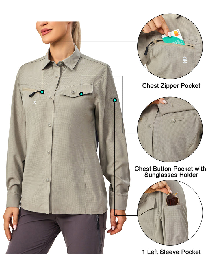 Womens UPF 50+ UV Protection Breathable Long Sleeve Hiking Shirt MP-US-DK