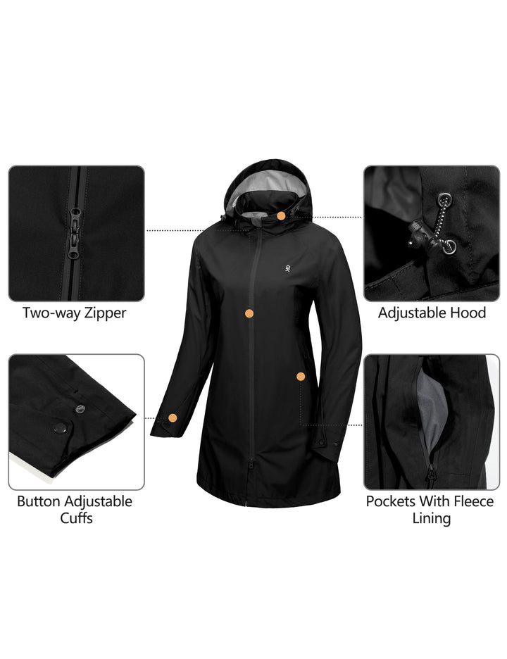 Women's Waterproof Mid-Length Rain Jacket with Hood Windbreaker Coat for Hiking Travel MP-US-DK