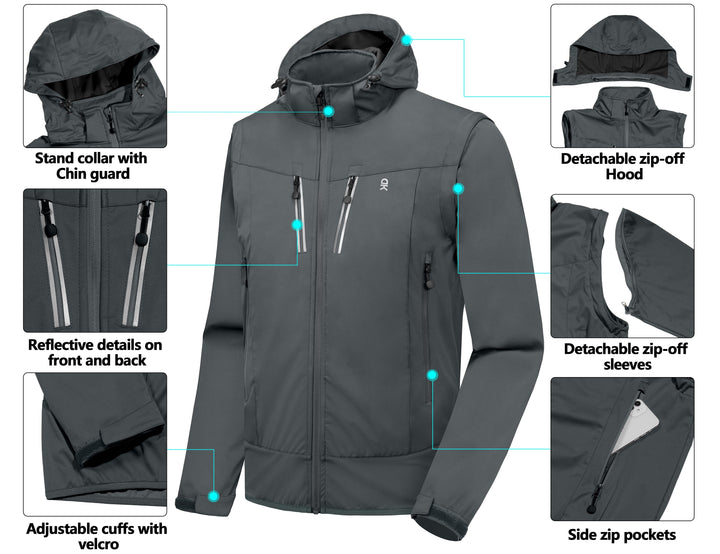 Men's Lightweight Softshell Hiking Jacket with Detachable Sleeves and Hood YZF US-DK