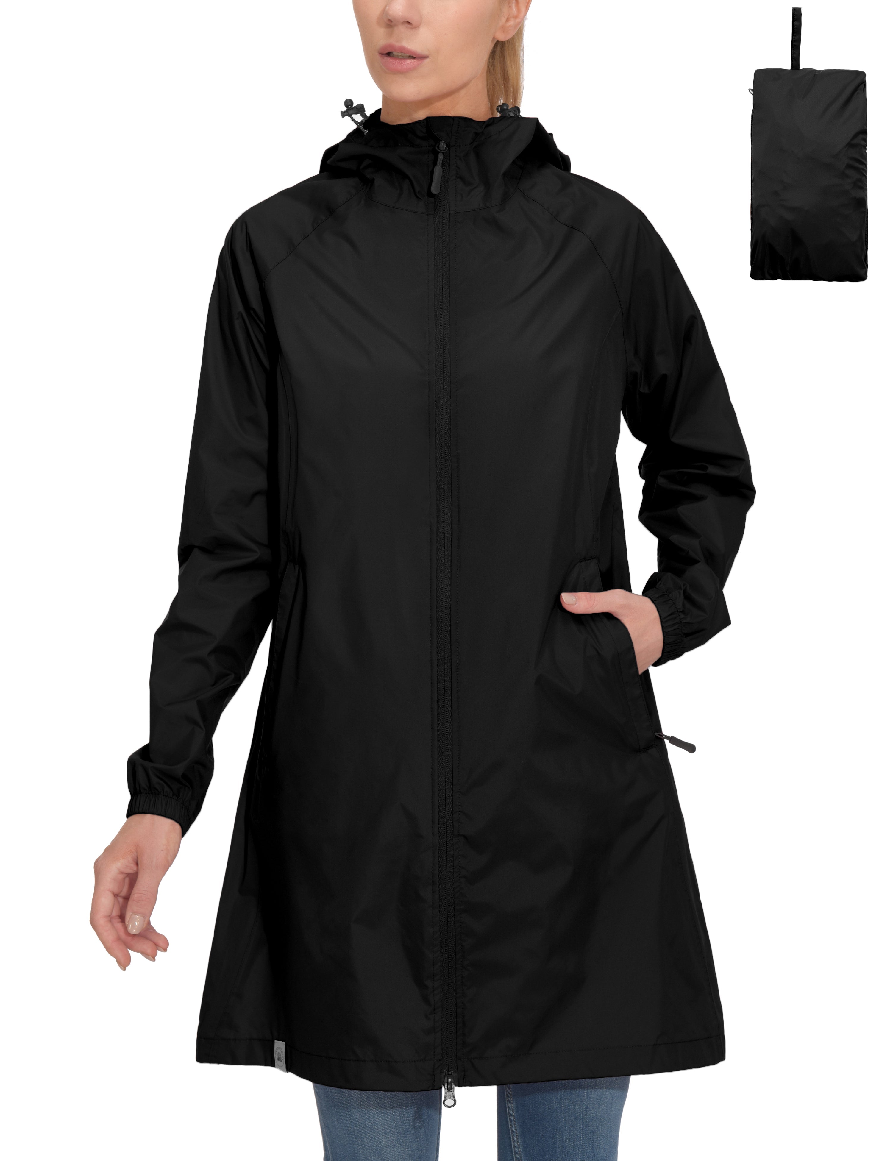 Women s Waterproof Packable Hooded Long Rain Jacket Black S