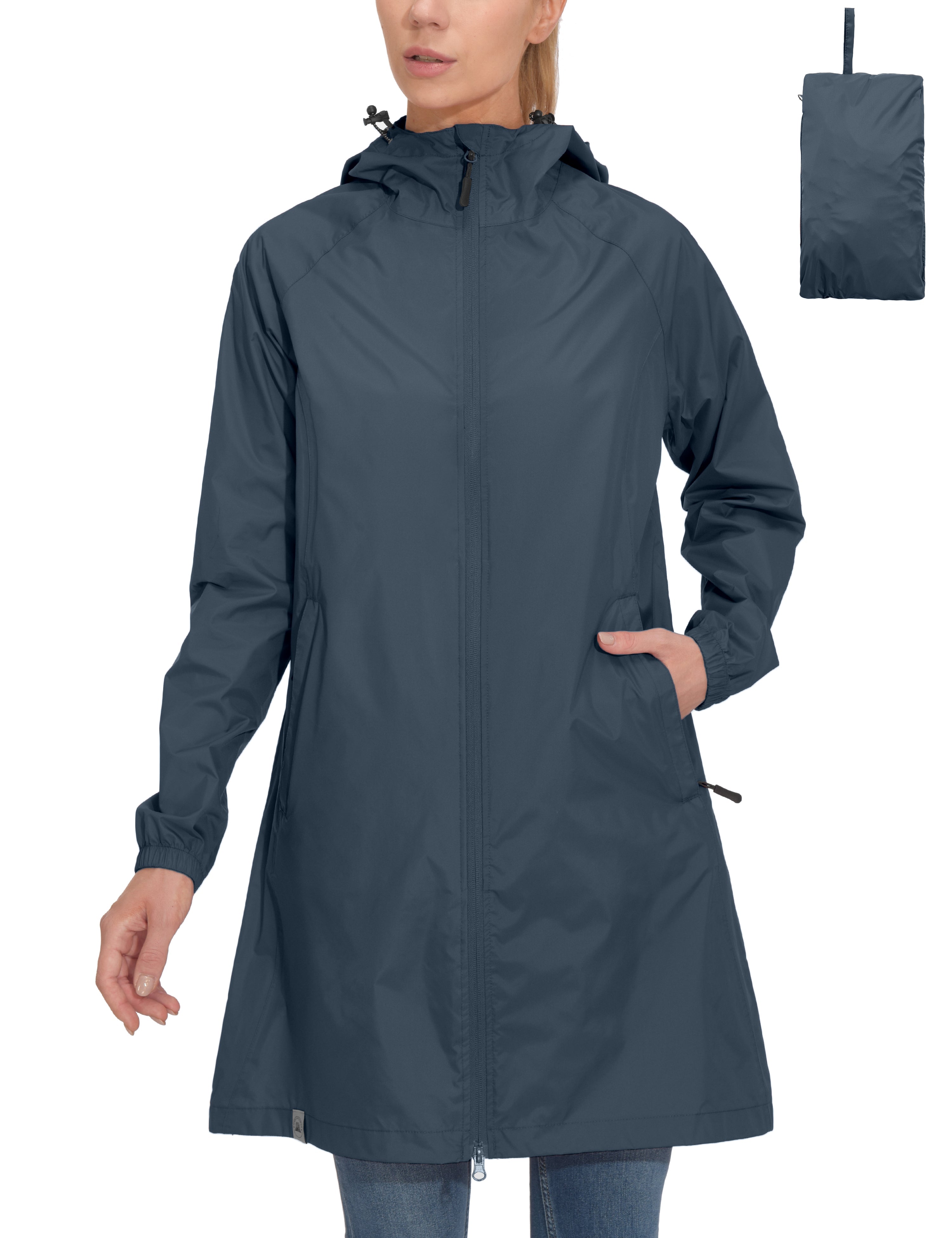 Women s Waterproof Packable Hooded Long Rain Jacket Black S